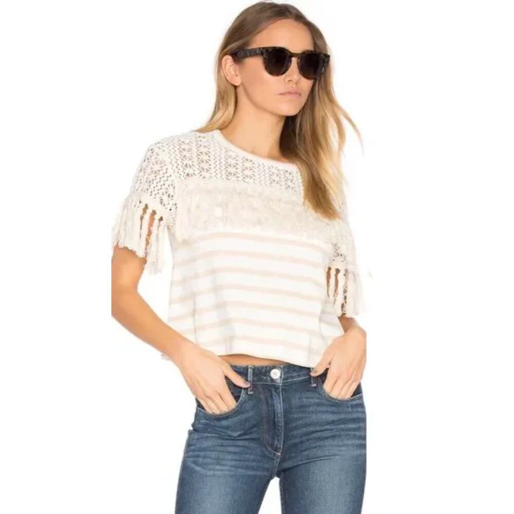 See by Chloe Short Sleeve Fringe Top Cream Stripe Tassels Size Large